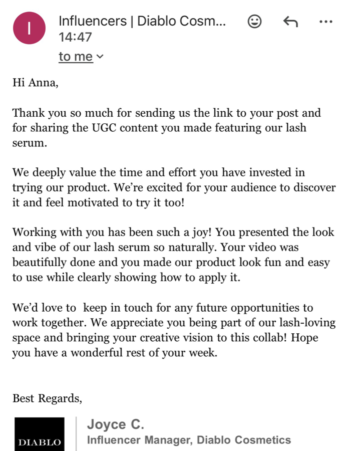 Message from Diablo Cosmetics praising Adorelle's content