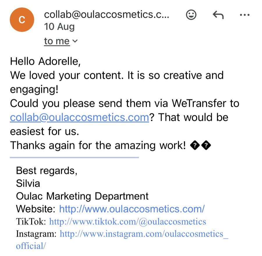 Message from Oulac Cosmetics praising Adorelle's content